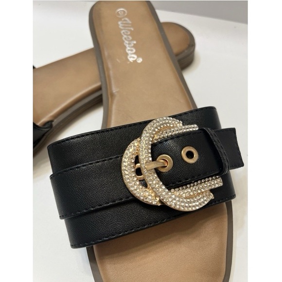 Weeboo Women's 9 Slip On Sandals Black Rhinestone Rose Gold Buckle - Picture 2 of 6